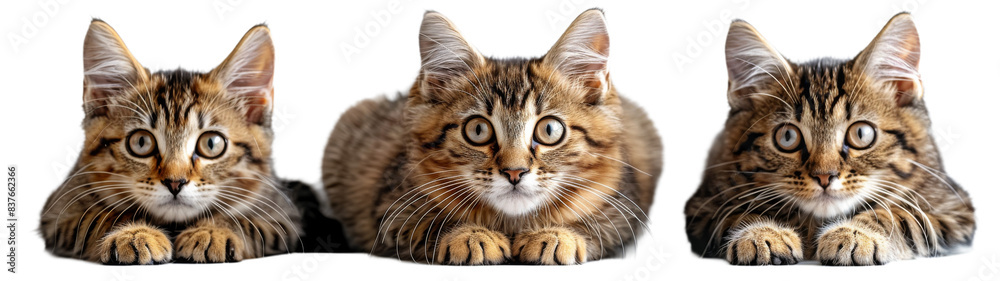 Three Tabby Cats Looking at the Camera on White Background Three Tabby Cats Looking at the Camera on White Background