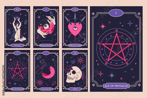 Tarot cards. Moon magic. Sun witchcraft. Mystic pentacle star. Esoteric celestial design. Oracle divination. Occult skull. Gypsy heart. Witchy Boho backgrounds. Vector graphic spiritual posters set