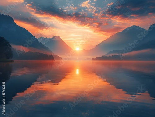 Serene Mountain Lake Sunrise with Colorful Sky and Mist Rising from the Calm Waters