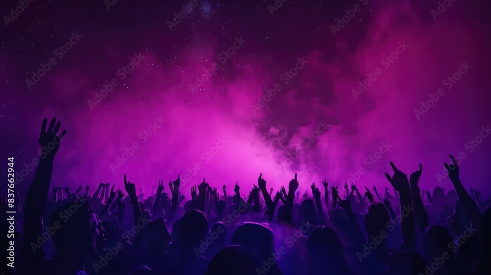 Fototapeta premium Capture the sense of community and celebration at outdoor music festivals with an image featuring the silhouettes of a crowd united by their love for electro music.