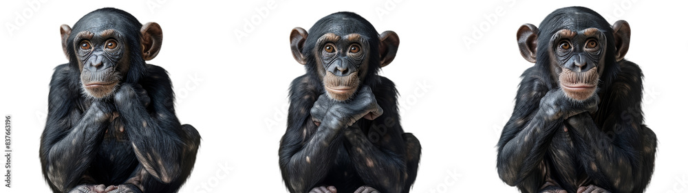 Three Chimpanzees Sitting and Thinking on White Background Three Chimpanzees Sitting and Thinking on White Background