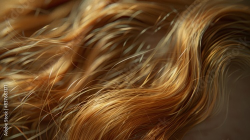  A woman's close-up headshot with wavy, long red and blonde locks blowing in the wind Background softly blurred