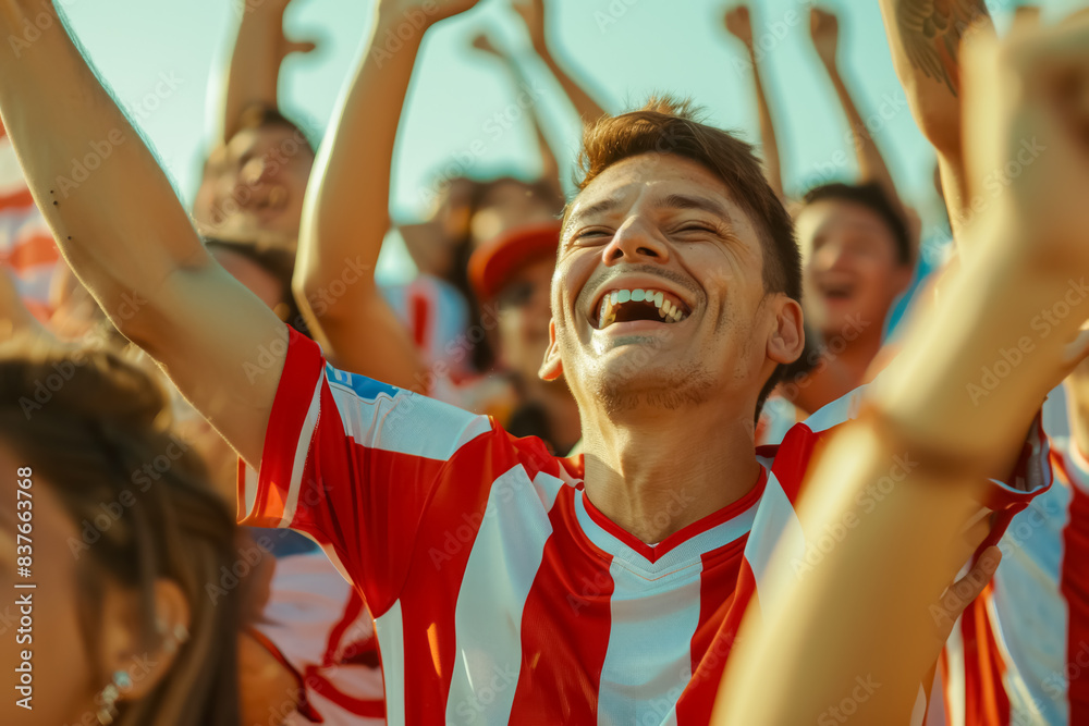 Paraguayan football soccer fans in a stadium supporting the national team, Los Guaranies
Paraguayan football soccer fans in a stadium supporting the national team, Los Guaranies