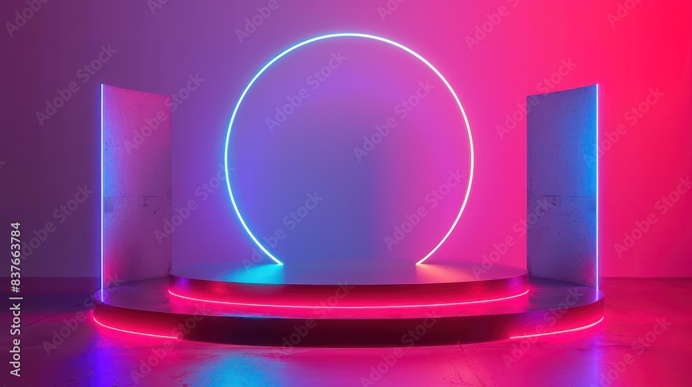 Create a visually compelling photo featuring a neon podium accented by intricate geometric shapes and luminous glow effects, adding a touch of modern elegance to product presentations. Create a visually compelling photo featuring a neon podium accented by intricate geometric shapes and luminous glow effects, adding a touch of modern elegance to product presentations.