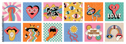 Flower groovy cards. Retro stickers. Emoticon crazy face. Smiling heart. Mouth with sticking out tongue. Psychedelic love. Grid pattern. UFO rainbow. Happy cartoon characters. Vector funky posters set