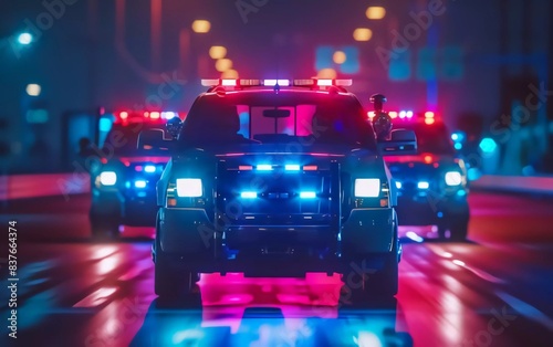 American Police Car and Emergency truck with Blue and red lights. US Paramedic Fire Rescue resuscitation help. Very beautiful Investigation Crime  murder  theft