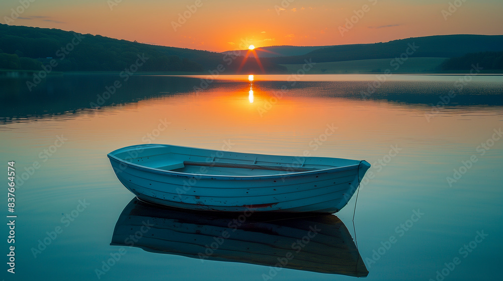 Fishing boat anchored in a calm bay at sunrise Fishing boat anchored in a calm bay at sunrise