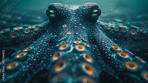  A close-up of an octopus's head submerged in water, illuminated from behind by a light, revealing its eyes gleaming orange photo