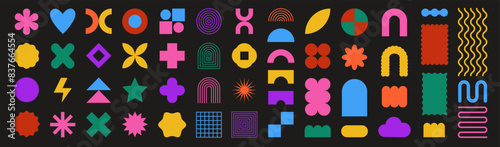 Shape abstract. Graphic vibrant colors geometric isolated element set, flower and star, figure retro sticker. Form simple. Poster modern geometry. Arch cloud wave star oval spiral. Vector tidy y2k