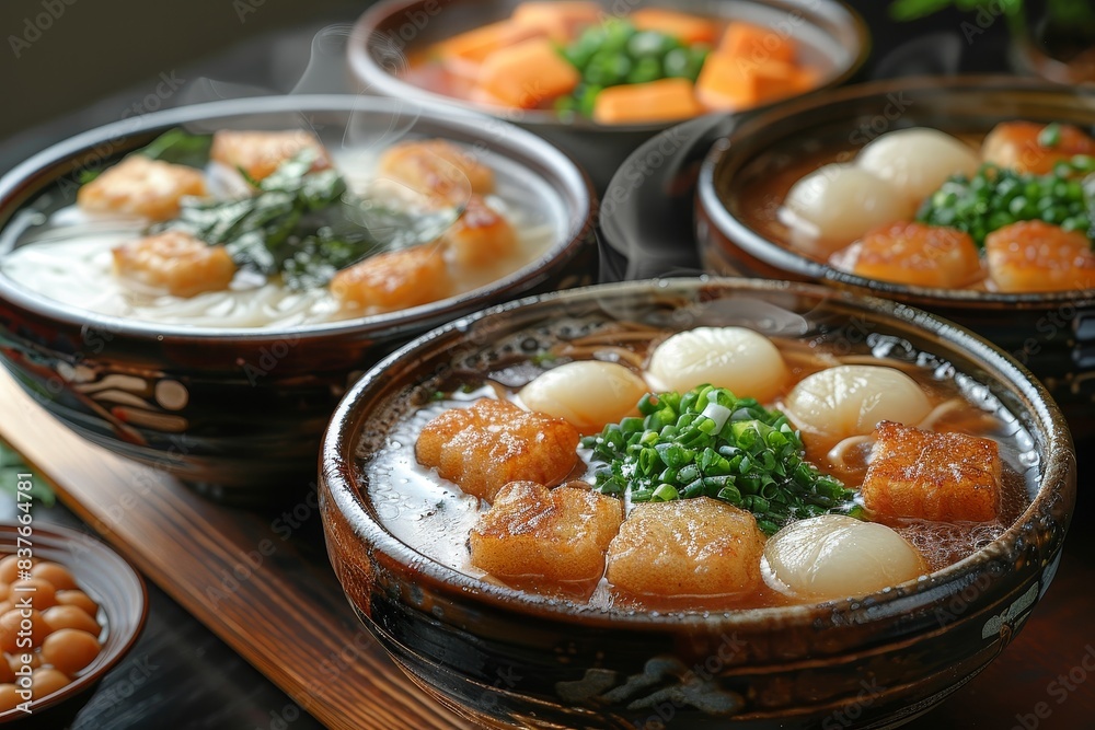 Oden - Simmered dish with various ingredients like fish cakes, tofu, and vegetables in a light dashi broth. Oden - Simmered dish with various ingredients like fish cakes, tofu, and vegetables in a light dashi broth.