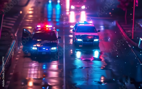 American Police Car and Emergency truck with Blue and red lights. US Paramedic Fire Rescue resuscitation help. Very beautiful Investigation Crime, murder, theft