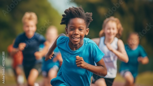 A joyful child leads a group of friends in a running race, capturing a moment of competitive fun