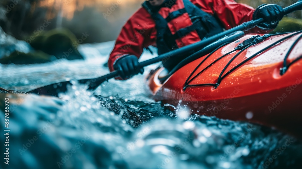 Naklejka premium Intense close-up capturing the details of a kayaker's paddle cutting through the forceful whitewater rapids