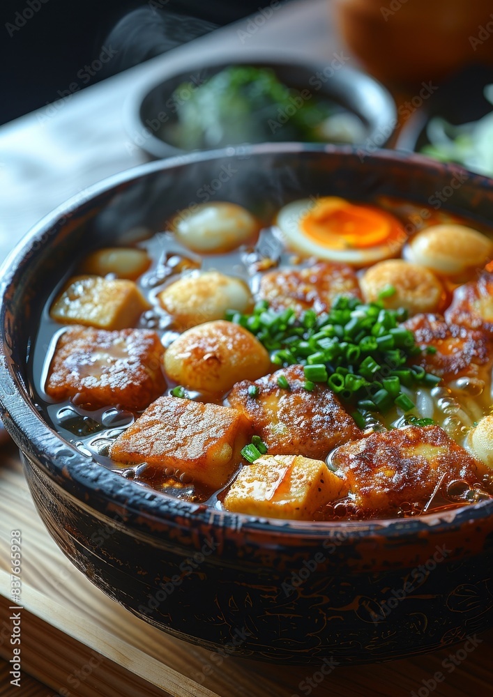 Oden - Simmered dish with various ingredients like fish cakes, tofu, and vegetables in a light dashi broth. Oden - Simmered dish with various ingredients like fish cakes, tofu, and vegetables in a light dashi broth.