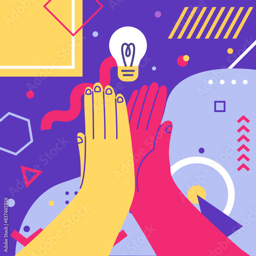 Doodle hand. High five clap. Idea lamp. Solution searching. Successful brainstorm. Abstract geometric shapes. Color arms gesture. Negotiation handshake. Big palms touch. Vector creative square card