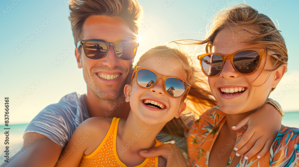 Happy family of three wearing sunglasses on the beach. Smiling mother, father and daughter wearing glasses in various frames. Optics store, sunglass sale, travel, summer vacation Happy family of three wearing sunglasses on the beach. Smiling mother, father and daughter wearing glasses in various frames. Optics store, sunglass sale, travel, summer vacation