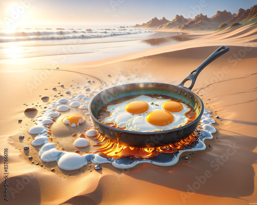 fried eggs on a frying pan in the middle of the desert. Generated AI.