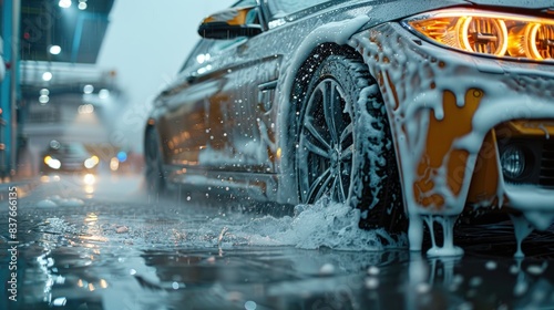 The car is washed manually with white soap and foam on the body