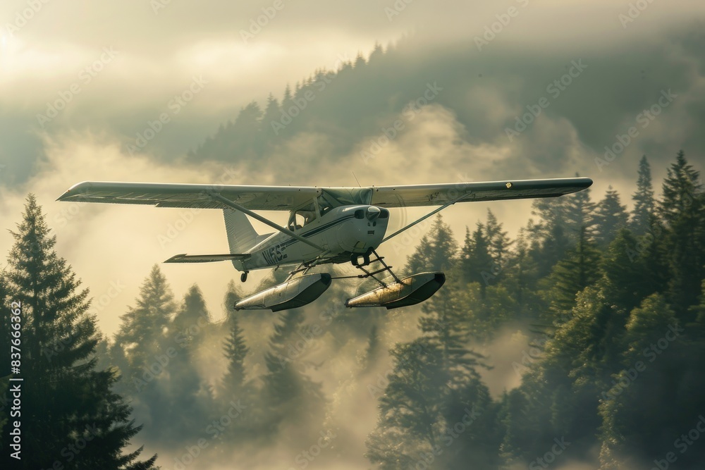 a cesssna airplane with a water keel flying over forest a cesssna airplane with a water keel flying over forest