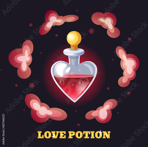 Magic potion. Love elixir bottle. Mystery red liquid. Magical drink. Heart shaped glass vial with romantic smoke. Wizard alchemy lab. Fantasy beverage. Valentine chemistry. Vector witchcraft phial