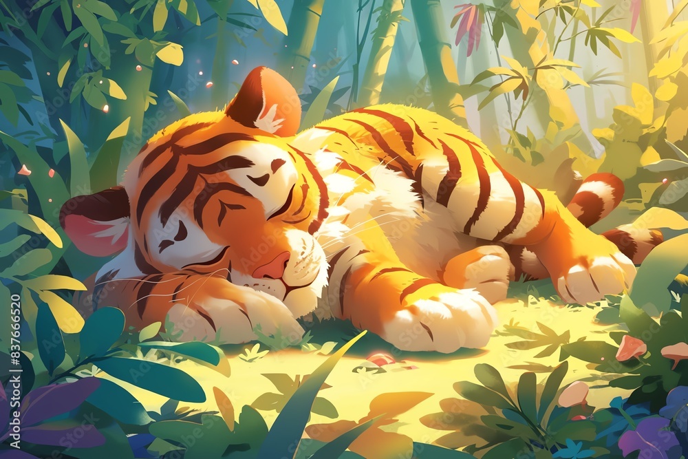 Super cute illustration of a tiger resting in the jungle, vibrant colors, soft focus, detailed fur texture, happy and playful mood Super cute illustration of a tiger resting in the jungle, vibrant colors, soft focus, detailed fur texture, happy and playful mood
