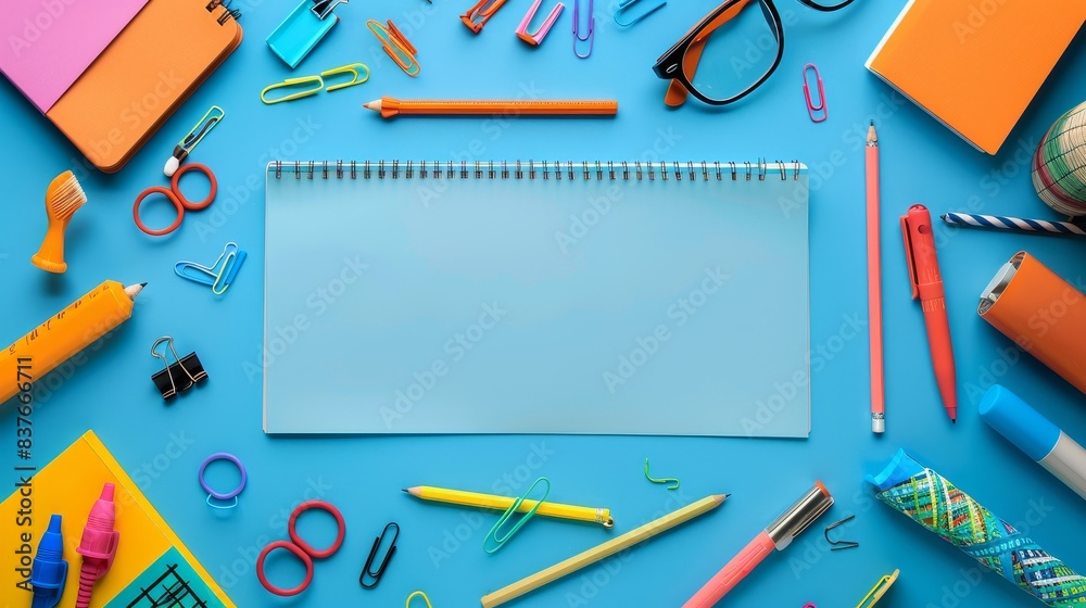 Artistic top view shot of a blank sheet surrounded by vibrant stationery, perfect for educational content, isolated background, studio lighting Artistic top view shot of a blank sheet surrounded by vibrant stationery, perfect for educational content, isolated background, studio lighting
