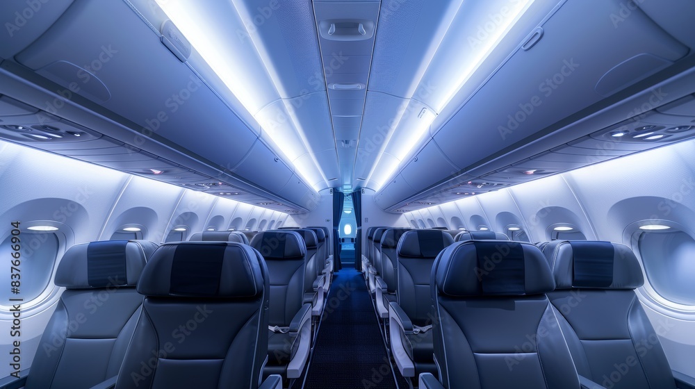 An empty airplane interior with sleek leather seats, soft lighting, and modern design, capturing the serene ambiance before boarding An empty airplane interior with sleek leather seats, soft lighting, and modern design, capturing the serene ambiance before boarding