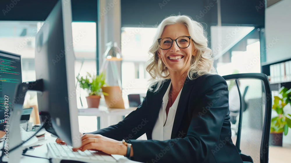 Happy mature older woman working on laptop in light office. Smiling 60s middle aged businesswoman talking by conference online virtual chat using computer at modern green office sitting at a desk. Happy mature older woman working on laptop in light office. Smiling 60s middle aged businesswoman talking by conference online virtual chat using computer at modern green office sitting at a desk.