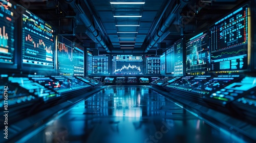 Futuristic High Tech Financial Trading Floor with Multitude of Analytical Screens and Data Displays