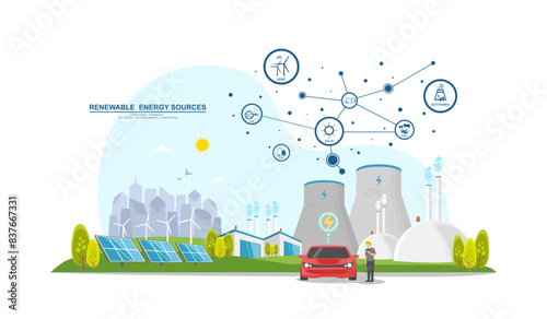 Caring for the environment and using clean green energy from renewable energy sources low carbon concept, Technology for a sustainable environment, Power generation system industry on city background.
