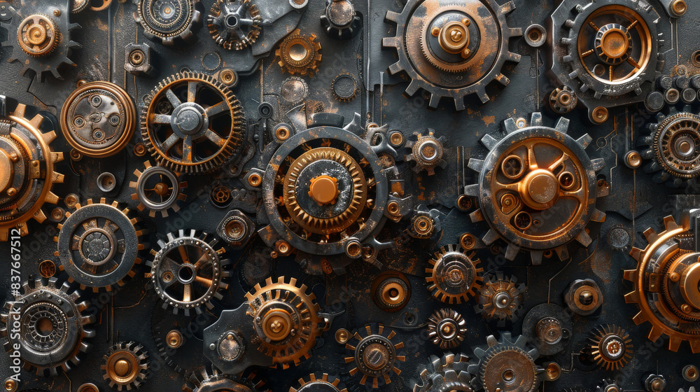 A close-up of interlocking metal gears, a common component in machines A close-up of interlocking metal gears, a common component in machines