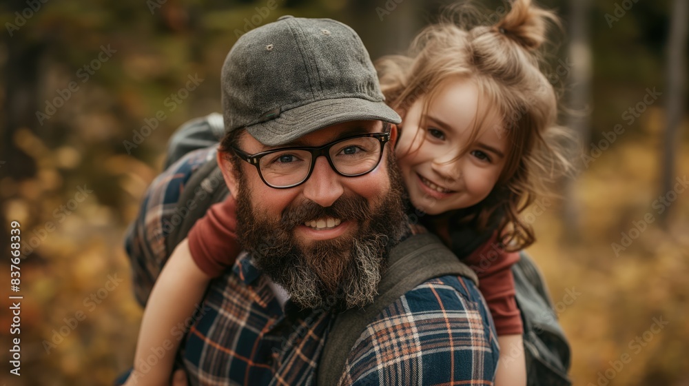 Father giving a ride to his preteen cheerful child happy daughter outdoors hiking or trekking together for quality family time Father giving a ride to his preteen cheerful child happy daughter outdoors hiking or trekking together for quality family time
