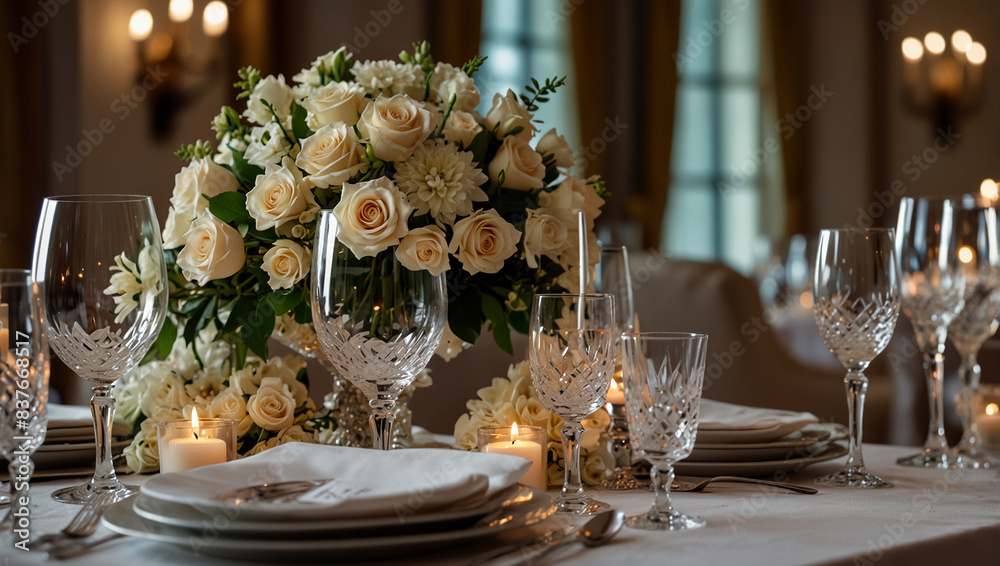 A luxuriously elegant wedding reception table setting