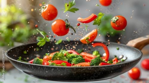  A frying pan overflowing with broccoli, tomatoes, and other veggies is aerially agitated by a spatula and wooden spoon on a table
