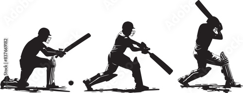 Set of batsman silhouette playing cricket on the field. Black and white