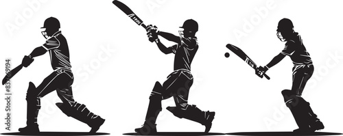 Set of batsman silhouette playing cricket on the field. Black and white