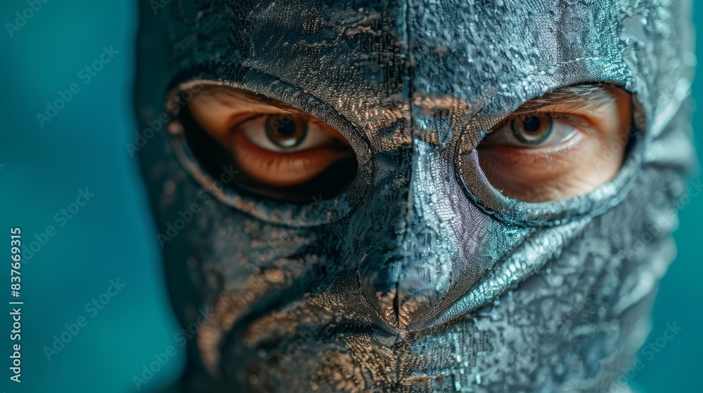 A tight shot of an individual in a mask, gazing at the camera with astonished expression, blue teal background A tight shot of an individual in a mask, gazing at the camera with astonished expression, blue teal background