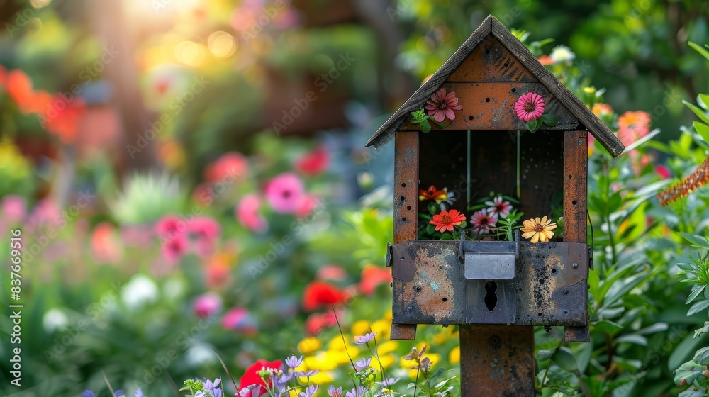 A birdhouse with flowers blooming from its sides in a garden teeming with wildflowers Sun rays filtering through trees behind A birdhouse with flowers blooming from its sides in a garden teeming with wildflowers Sun rays filtering through trees behind