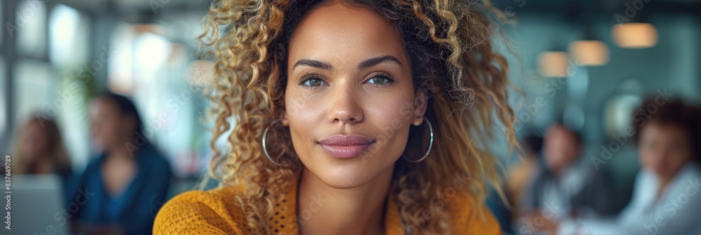 Confident woman with curly hair in a business setting, wearing a yellow sweater, looking directly at the camera with a soft smile. Confident woman with curly hair in a business setting, wearing a yellow sweater, looking directly at the camera with a soft smile.