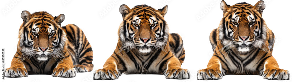 Three Bengal Tigers Lying Down On White Background Three Bengal Tigers Lying Down On White Background