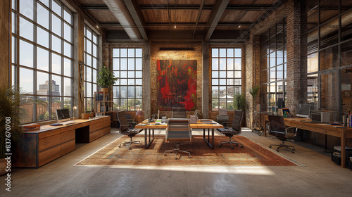An industrial-chic office showcases exposed brick walls and metal accents, with loft-style meeting rooms and graffiti art installations adding urban flair and creative energy © Yavor