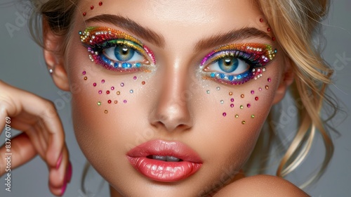  A tight shot of a woman s face adorned with multi-colored eyeliners and glitter Her hand rests beside her cheek