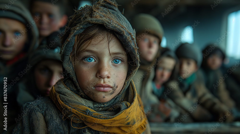 A group of children in patched clothing huddle together in a run-down shelter, their eyes wide with hunger as they wait in line for a meager meal A group of children in patched clothing huddle together in a run-down shelter, their eyes wide with hunger as they wait in line for a meager meal