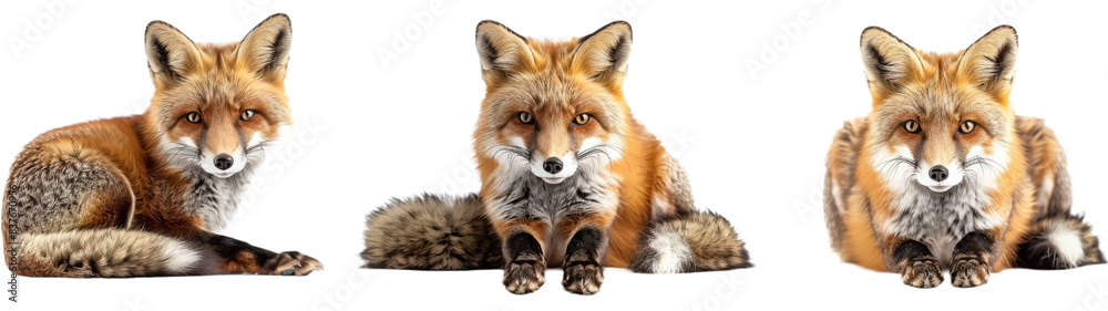 Three Red Foxes Sitting on White Background Three Red Foxes Sitting on White Background