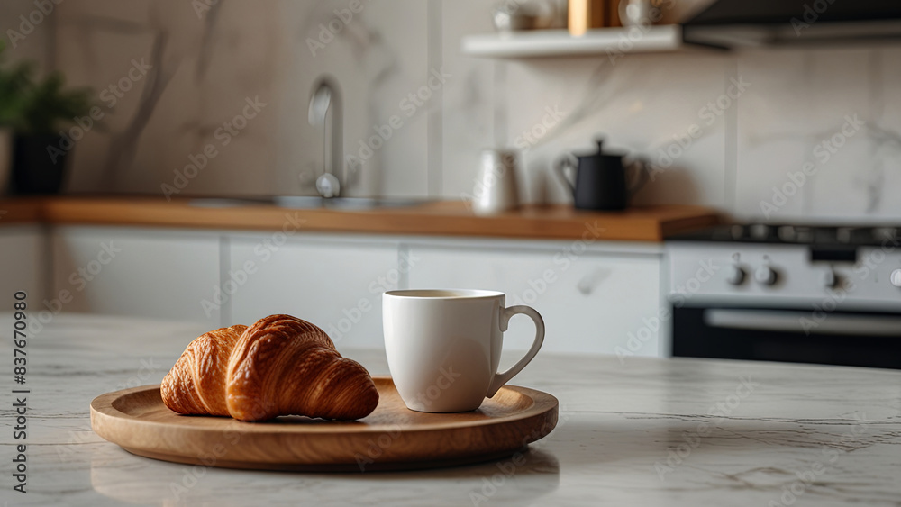 Wooden plate with fresh tasty croissant and cup of coffee or tea on white marble countertop. Blurred modern kitchen interior background. Cozy morning breakfast concept Wooden plate with fresh tasty croissant and cup of coffee or tea on white marble countertop. Blurred modern kitchen interior background. Cozy morning breakfast concept