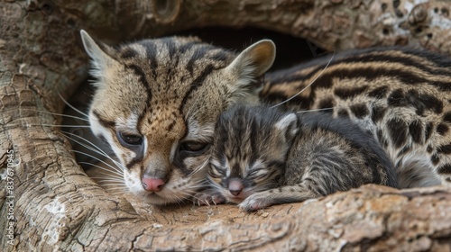  A couple of kittens rest together on a large wooden tree trunk  adjacent to a heap of dirt Nearby  a fallen tree trunk lies