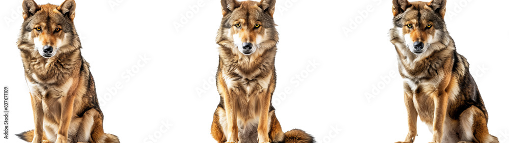 Three Wolves Sitting in a Row Against a White Background Three Wolves Sitting in a Row Against a White Background