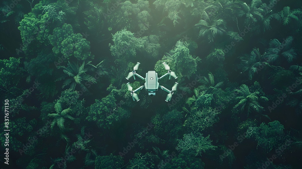 Fototapeta premium Drone Navigating Through Lush Forest Canopy for Wildlife and Foliage Capture