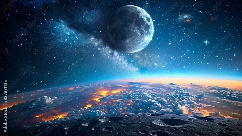 Earth space view, bright moon background Earth space view, bright moon background