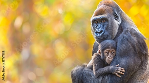  A tight shot of a monkey carrying a baby against its chest, surrounded by a hazy backdrop of leafy foliage and a tree with distinctively yellow leaves in the foreground